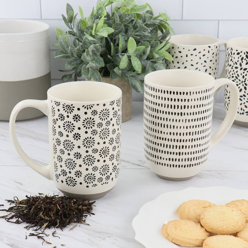 4 Piece 19 Ounce Stoneware Assorted Designs Mug Set in White