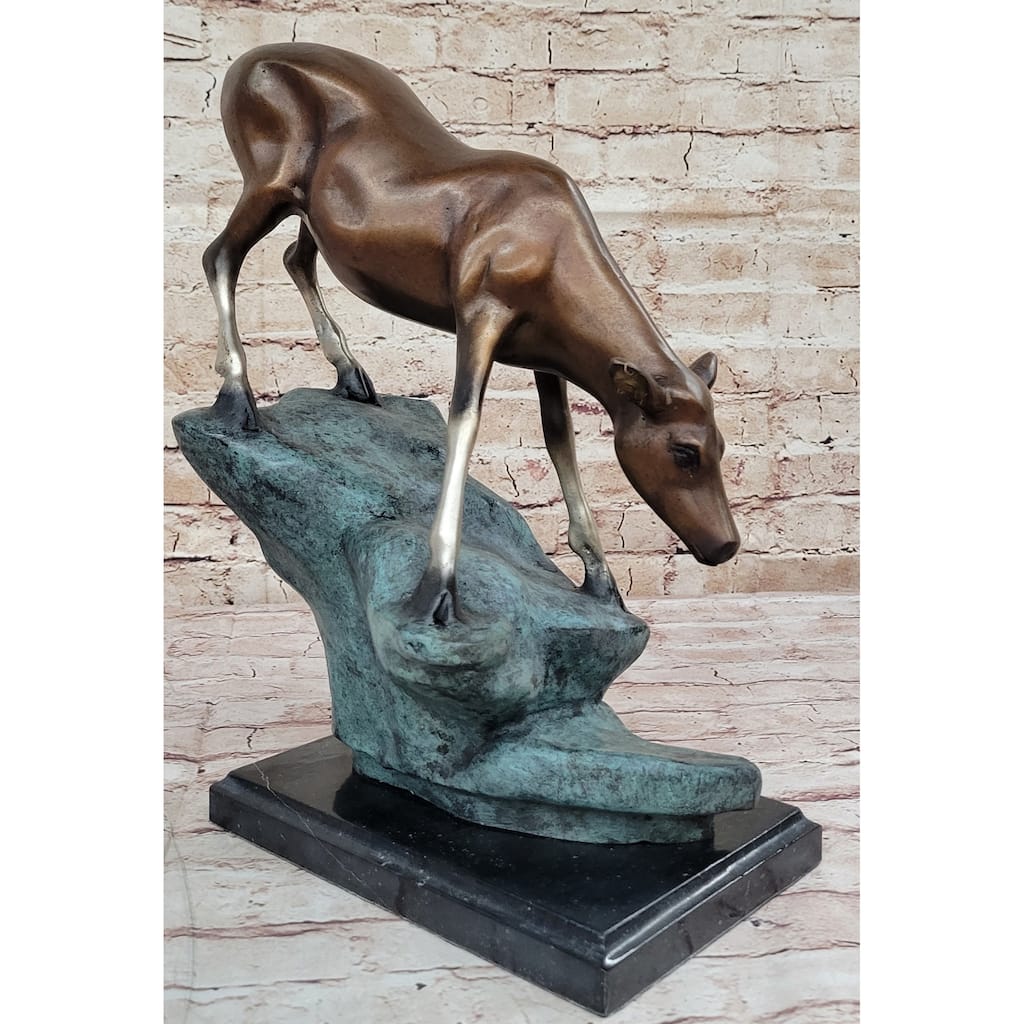 Limned Edition Bronze Deer Sculpture – Graceful Doe Drinking Water Statue
