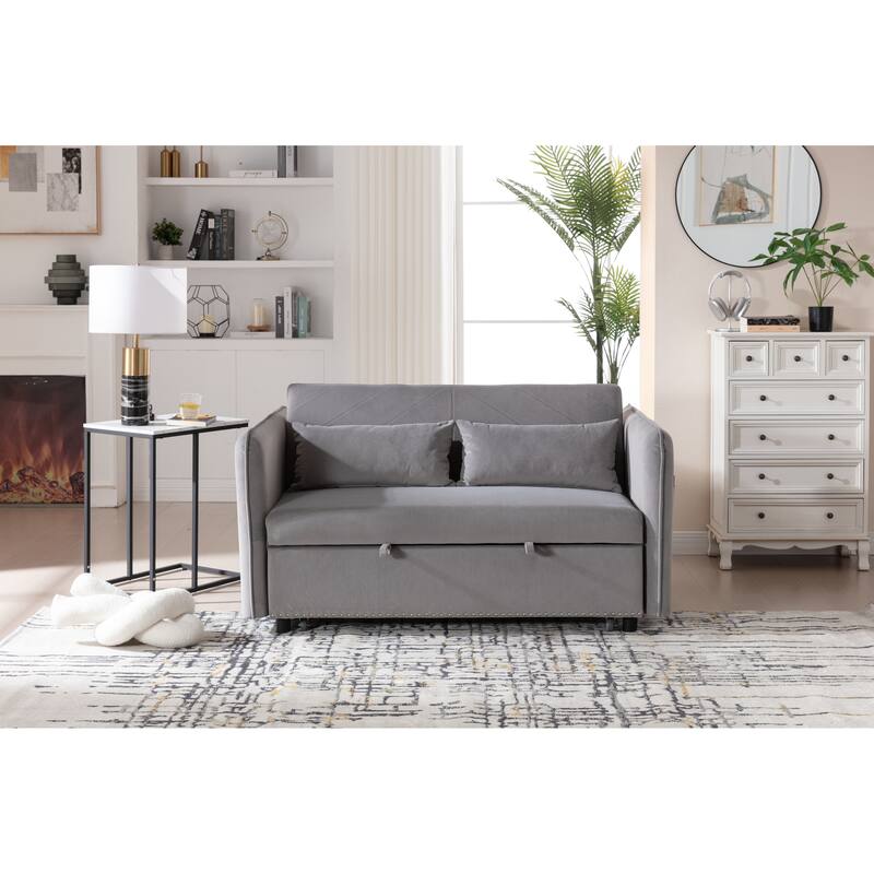 3 in 1 Convertible Sleeper Futon Sofa Bed, 55" Loveseat Lounge Couches with 2 Pillows, USB Ports & Side Pockets