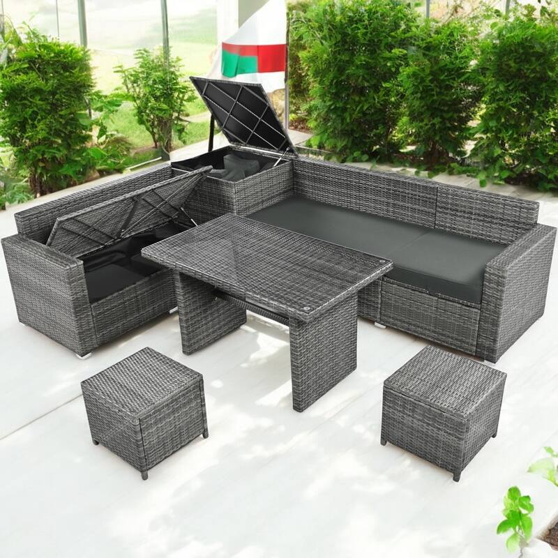 6-Piece Outdoor All-Weather PE Rattan Sofa Set with Adjustable Seating, and Glass Table for Patio, Garden, or Backyard - Grey