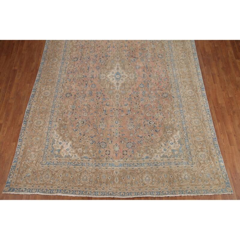 Hand Knotted Oriental 100% Wool Carpet Traditional Floral Pink Mashad Area Rug - 11' 11'' X 8' 9''