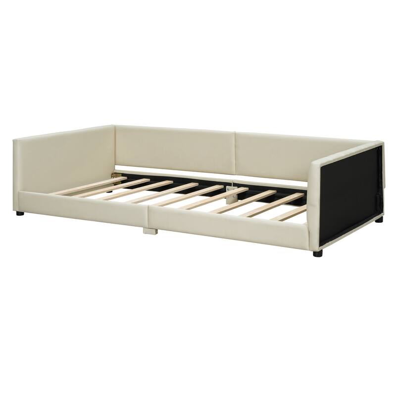 Queen & Twin XL Upholstered Platform Bed, PU Leather, Beige, Mother & Child Design