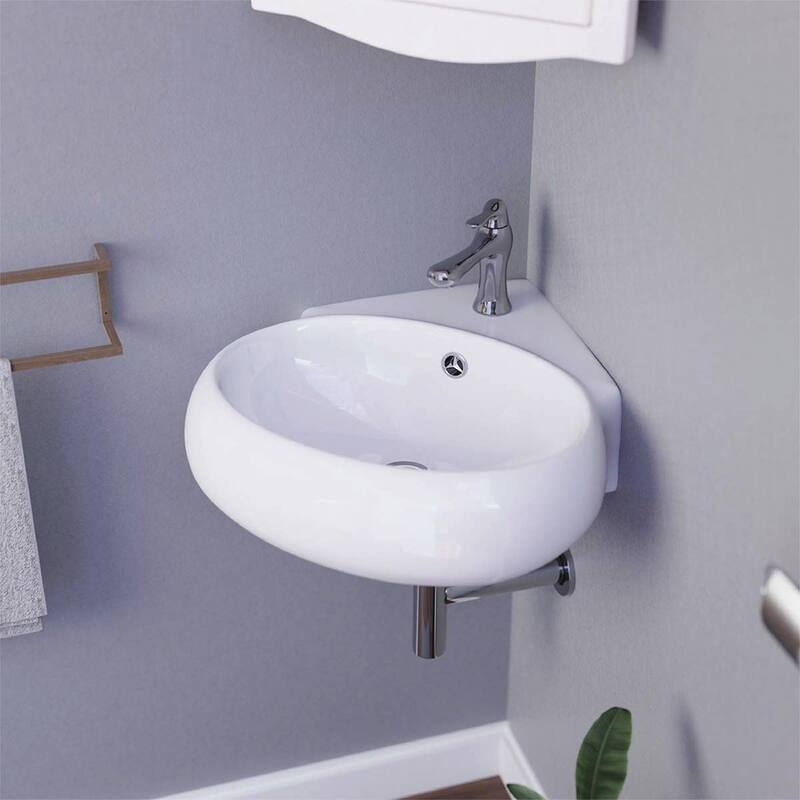 White Ceramic Corner Bathroom Sink 15.75" Wall Mount or Countertop Vessel Sink Oval Easy Clean Bathroom Sink Renovators Supply