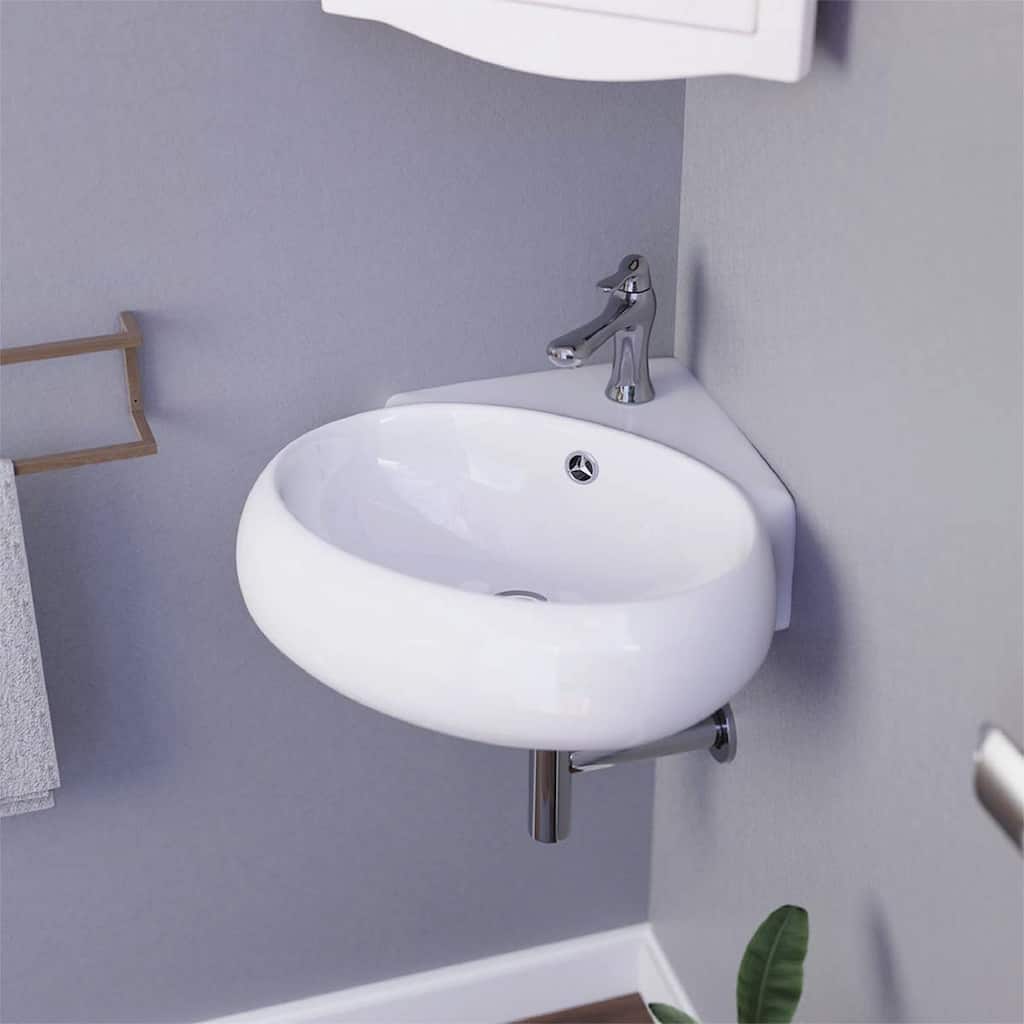 White Ceramic Corner Bathroom Sink 15.75" Wall Mount or Countertop Vessel Sink Oval Easy Clean Bathroom Sink Renovators Supply