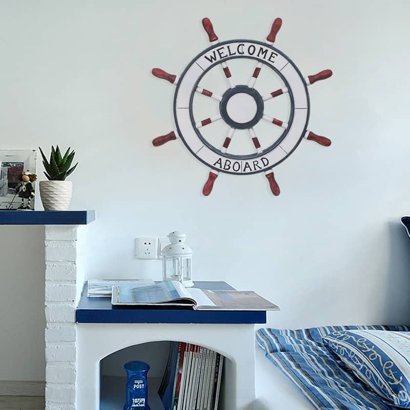 ADECO Wooden Boat Anchor Crossbar Ship Steering Wheel Wall Decor Beach