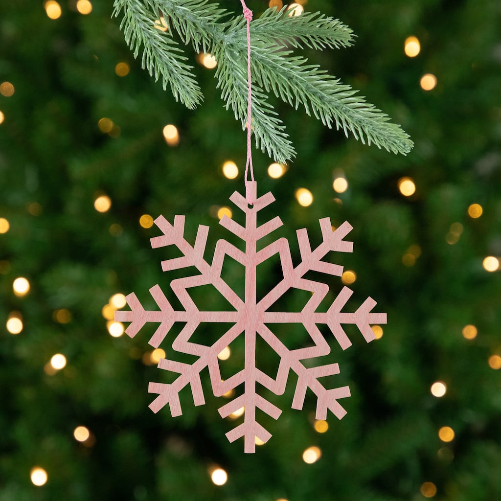 Wooden Snowflake Christmas Ornaments - 4.75" - Pink - Set of 4