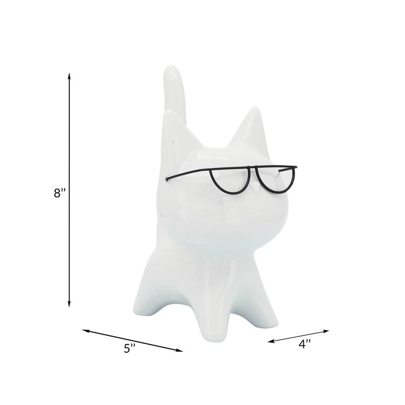 8" Porcelain Kitten Statue White Kitty with Glasses Decorative Sculpture Contemporary Creative Home or Office Table