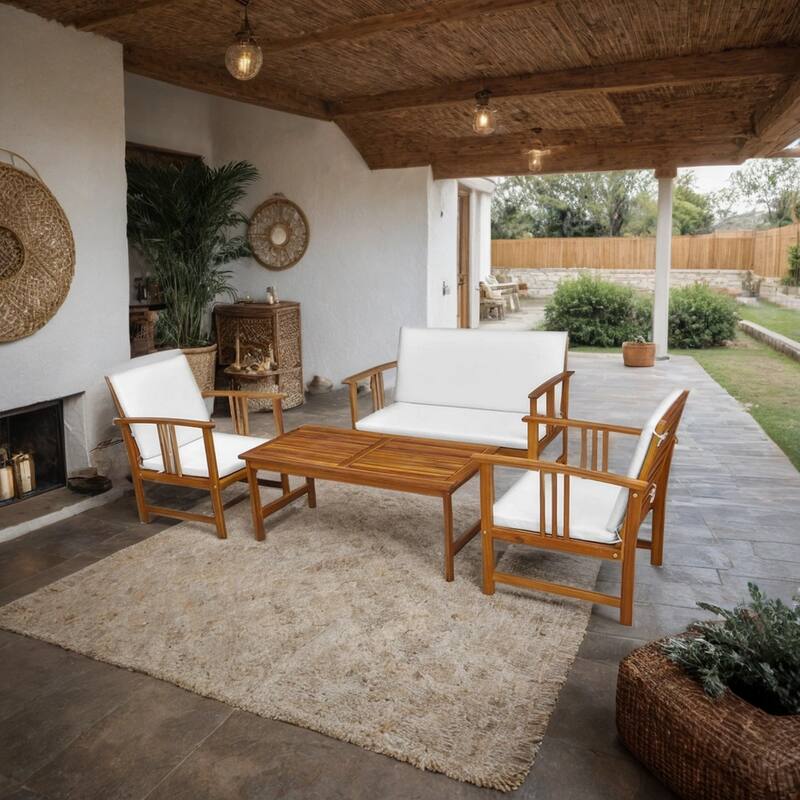 Roma 4pc Modular Outdoor Sofa and Table Set, Brown Acacia Wood, White