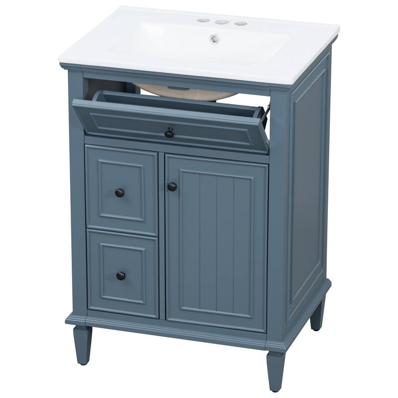 Roomfitters 24" Bathroom Vanity with Sink, Solid Wood Frame, Flip Drawer, 2 Side Drawers & Adjustable Shelf