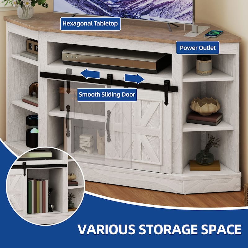 Moasis 47.2" W Corner TV Stand with Power Outlet, Barned-Door Cabinet