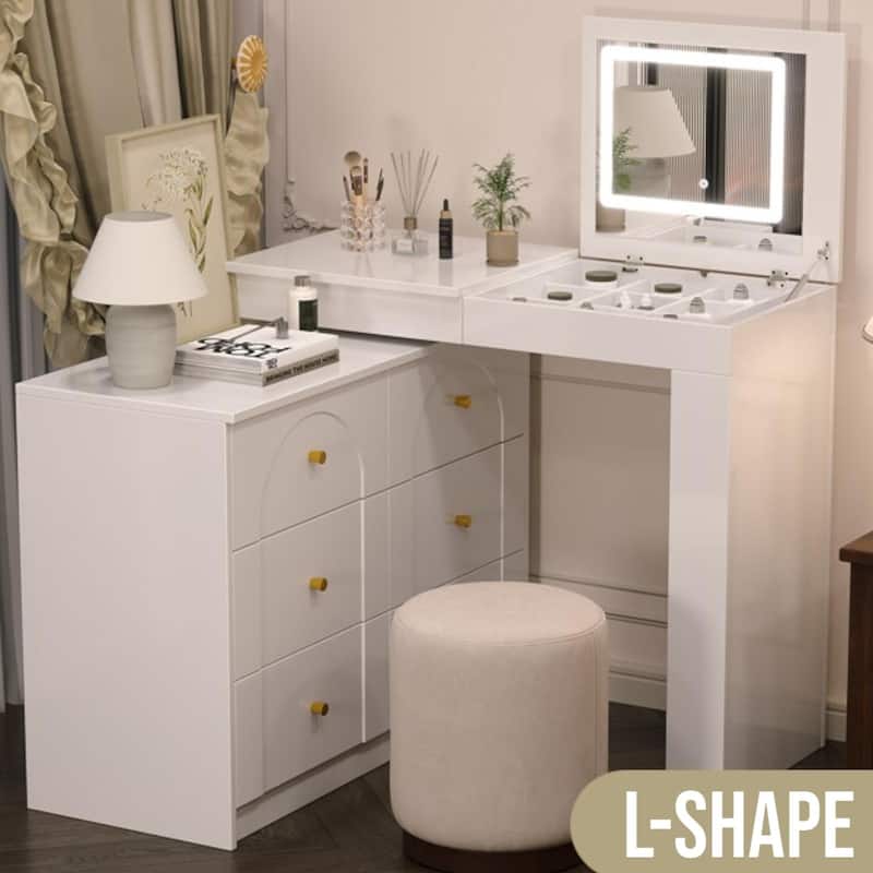 KISRAIS Vanity Desk with Mirror, Lights, and Flip-Top Tabletop