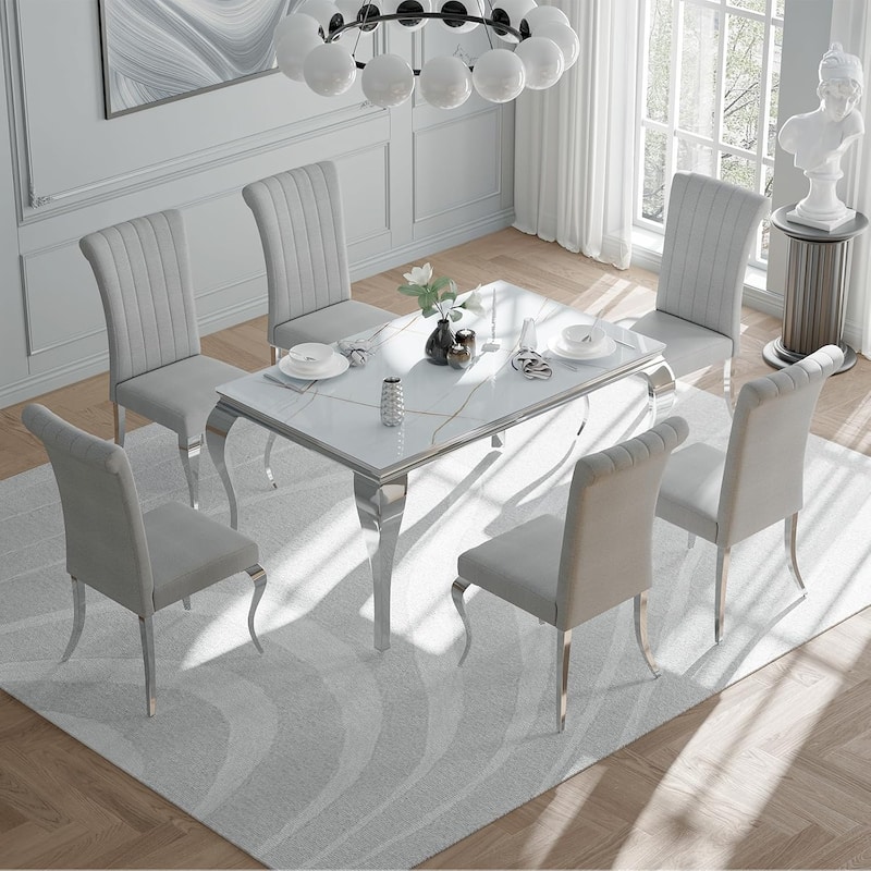 Luxurious Grey Upholstered Dining Chairs with Mirrored Silver Cabriole Legs