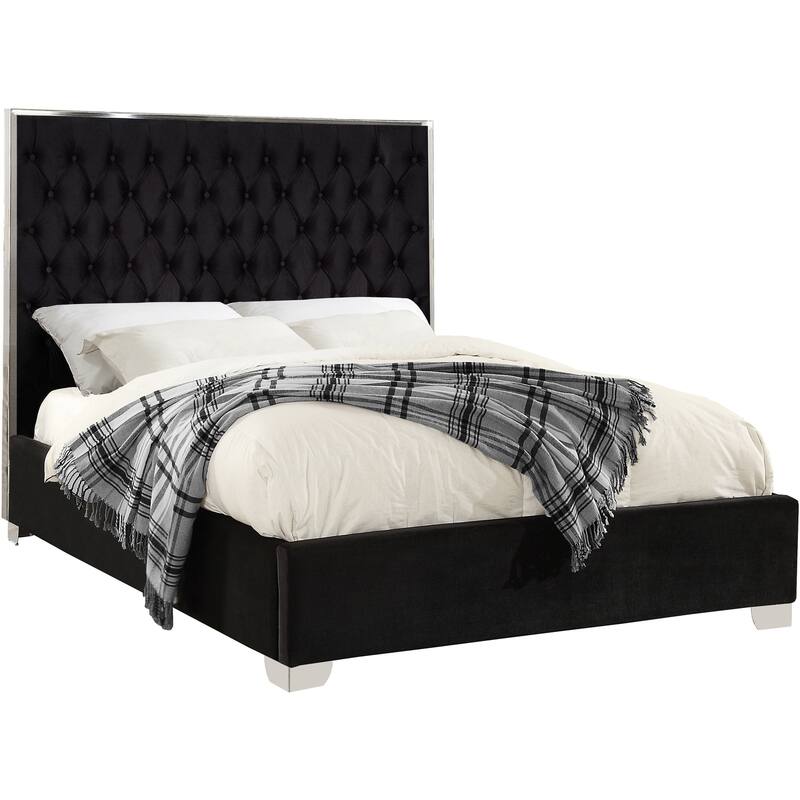 Queen Velvet Bed - Southwestern Style Bed with Tall Tufted Headboard & Chrome Legs - Bedroom Furniture