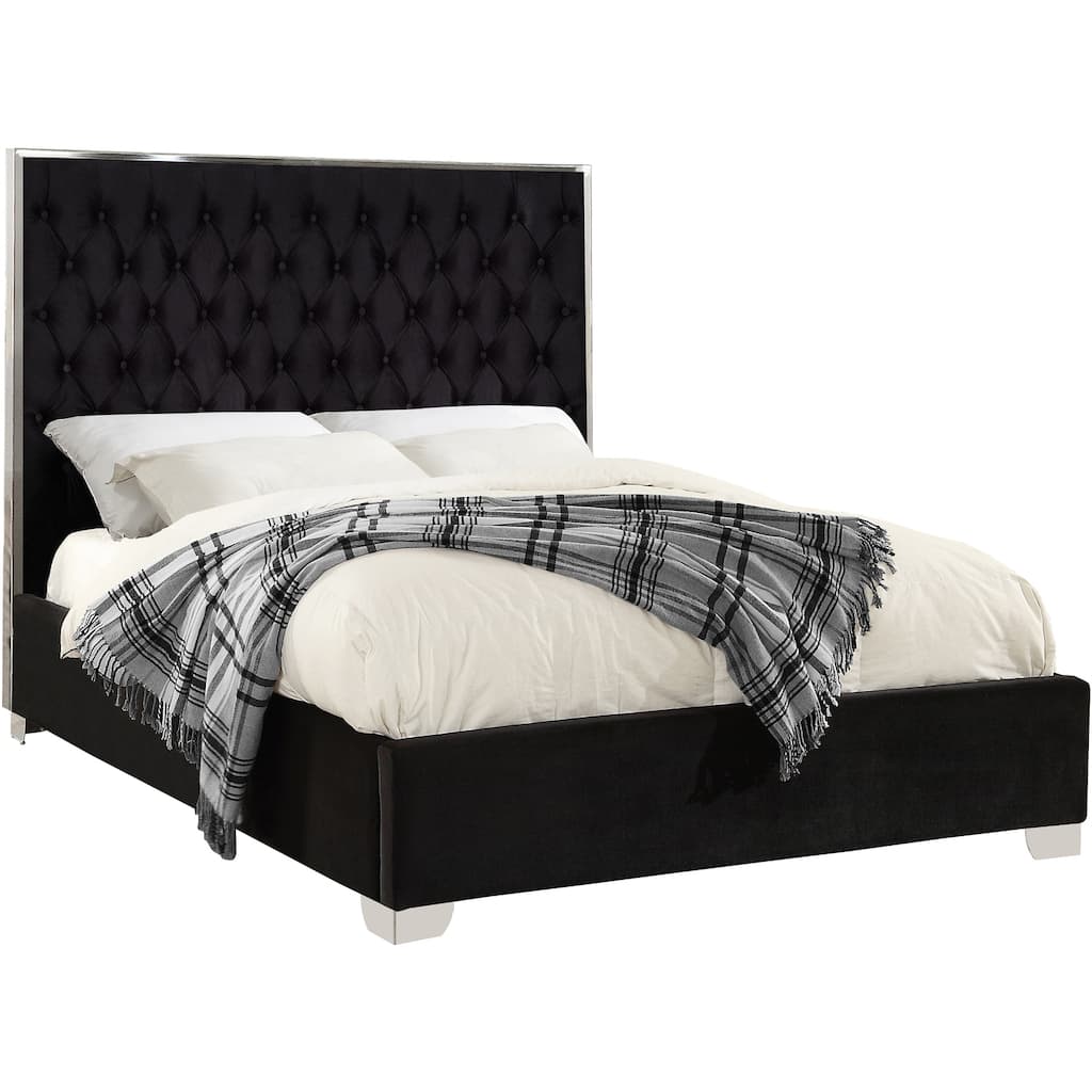 Queen Velvet Bed - Southwestern Style Bed with Tall Tufted Headboard & Chrome Legs - Bedroom Furniture