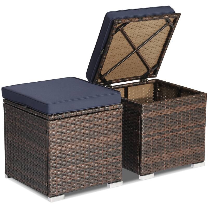 Costway 2PCS Patio Rattan Ottomans Seat Side Table Storage Box - See Details