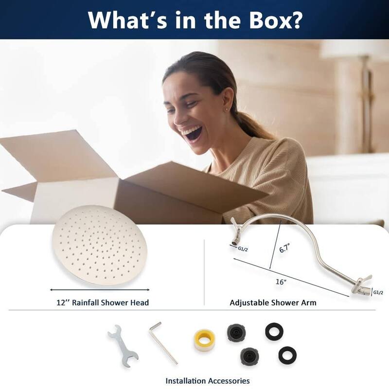 Bathlet 12" Rain Shower Head with Adjustable Height & Distance Extension Arm