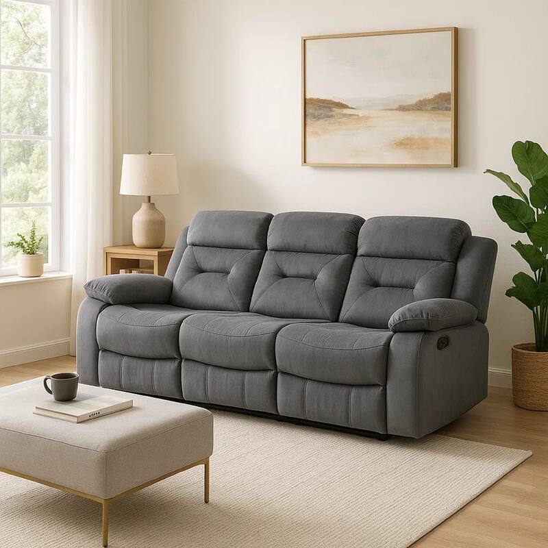 Niko Manual Recliner Sofa, Light Gray Velvet, Solid Wood, 83 Inch