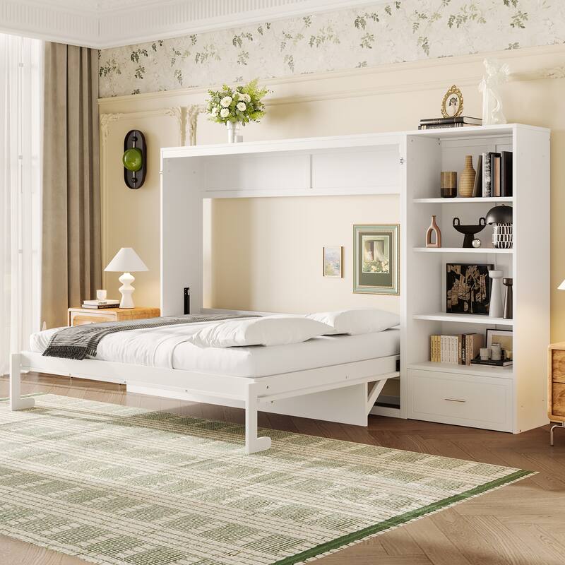 Murphy Bed Foldable Platform Bed Frame Queen Size Wall Bed with Drawer and Storage Cabinet Adjustable Height Compartments Shelf