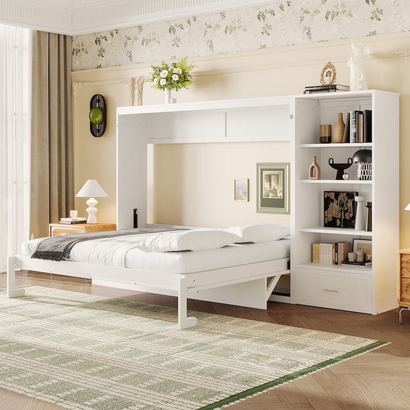 Roomfitters Queen Size Murphy Bed with Adjustable Storage Compartments and Shelf, Foldable Wall Bed with Drawer - White