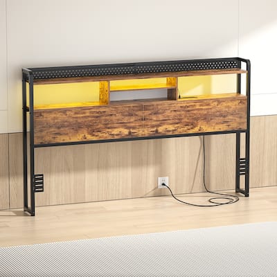 Bed Headboard with Storage Shelf and Charge Station, Height Adjustable Headboard with LED Light