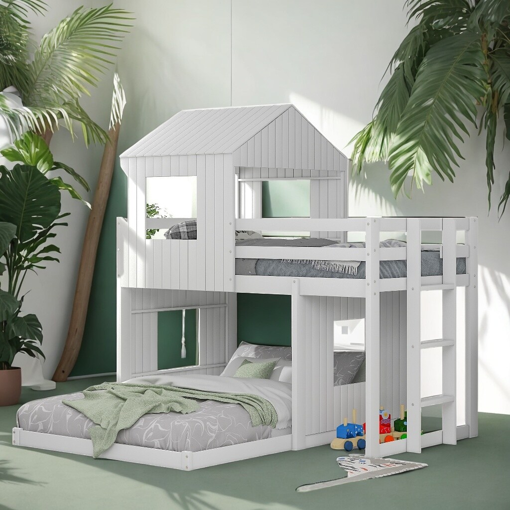 Twin Over Full House Bunk Bed with Ladder and Guardrails
