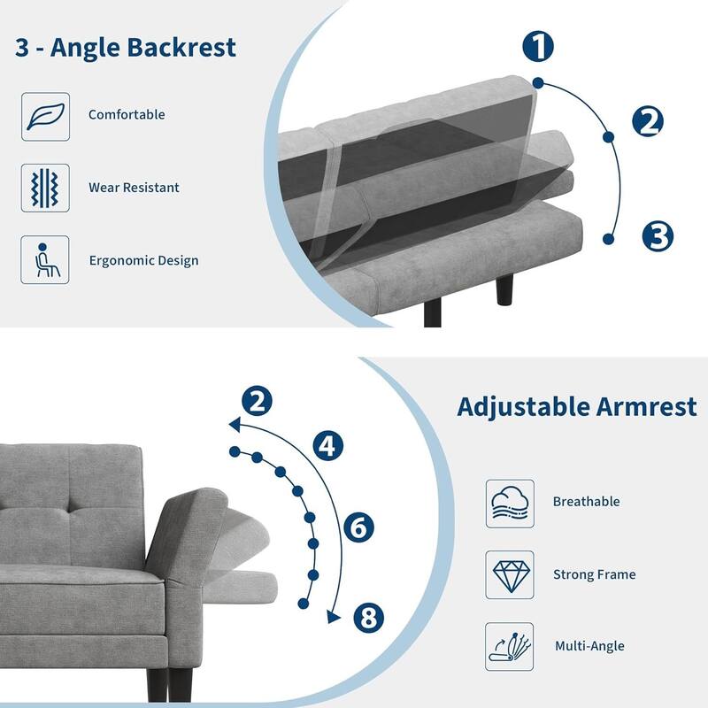 89" Futon Sofa Bed, with Adjustable Backrest & Armrest