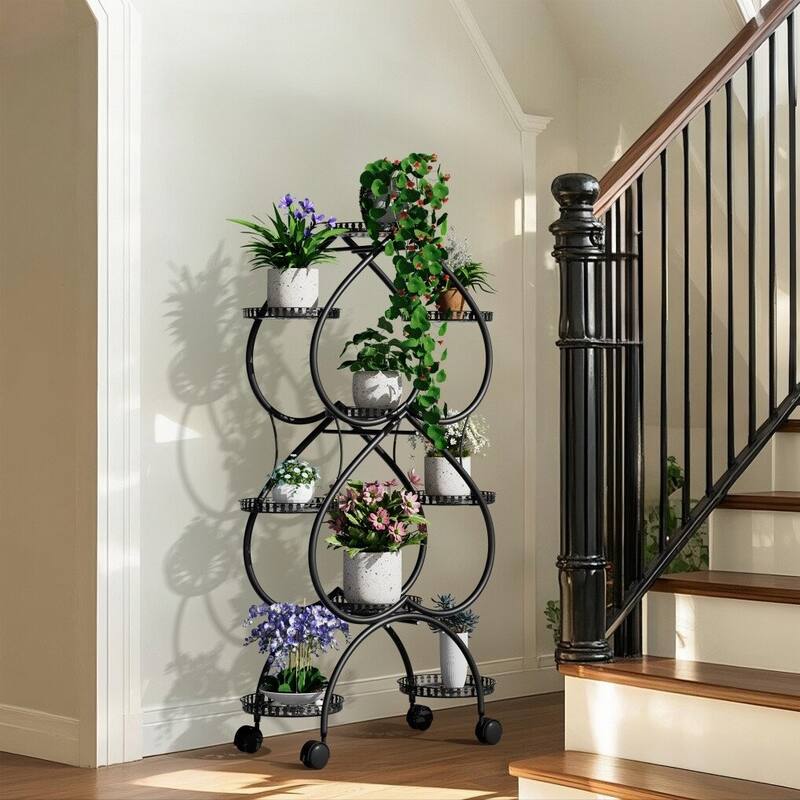 Iron Metal Plant Stand 9-Potted Flower Holder with Wheels Display Rack - 28.7x11.8x48.8 inch