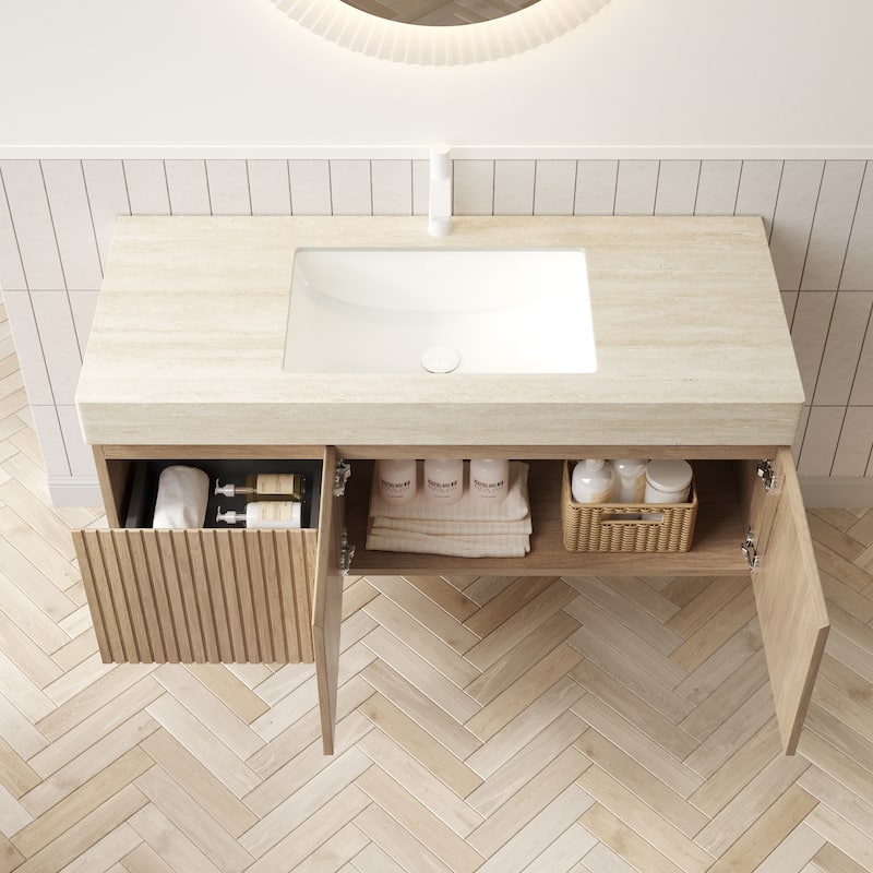 GDFStudio - Muri Modern 48" Floating Bathroom Vanity with Roma Travertine-Pattern Countertop & Basin, WITHOUT Faucet - White Oak