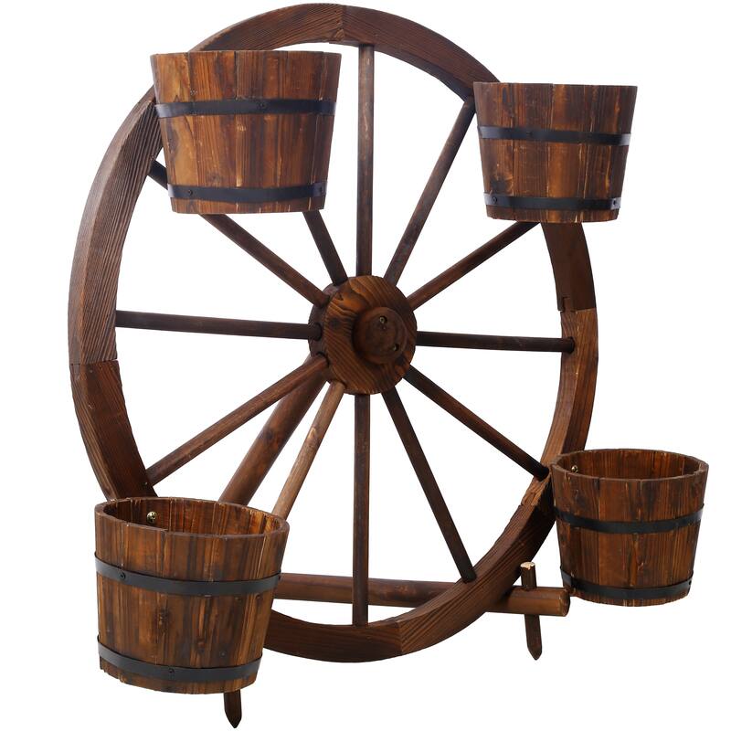 Wood wagon wheel barrel planter, Wagon Wheel Barrel Planter Display