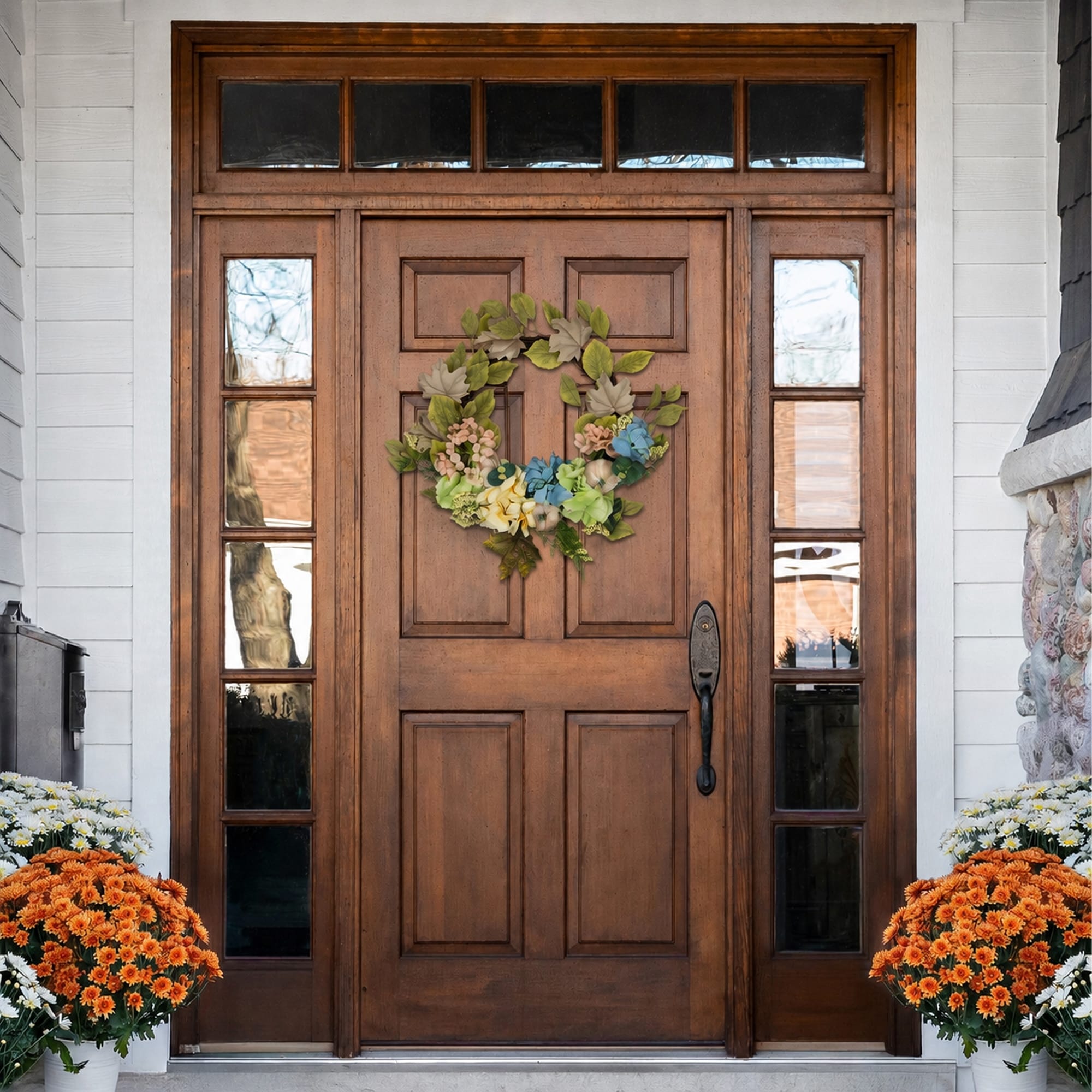 Green Blue Floral Gourds Thanksgiving Artificial Wreath, 22-Inch