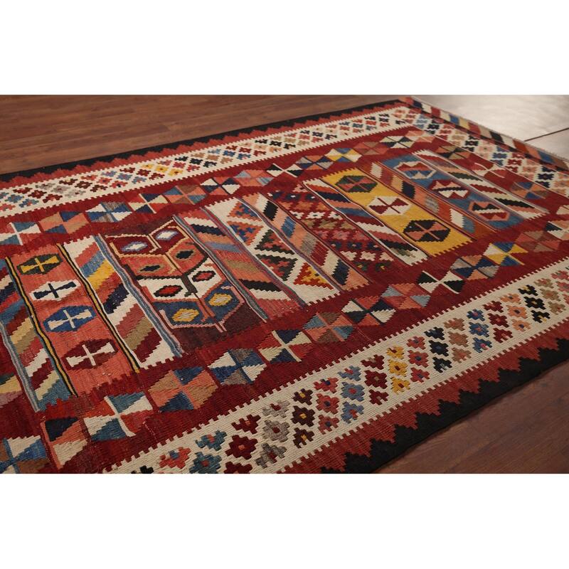 Vegetable Dye Red Kilim Qashqai Persian Vintage Hand-Woven Wool Carpet - 5'0"x 8'1"