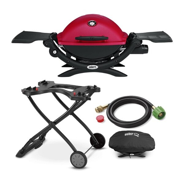 Weber Q1200 Liquid Propane Grill (Red) w/ Portable Cart, Hose