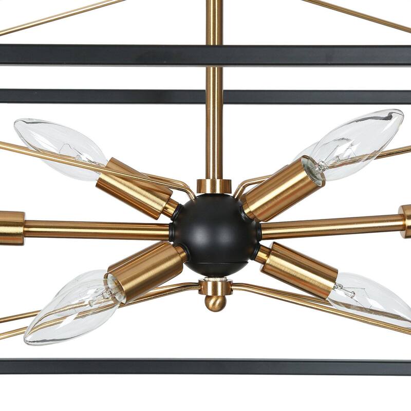 Leno Modern Farmhouse 8-Light Black Gold Rectangle Chandelier Starburst Island Lights for Dining Room - 26" L x 10" W x 14" H