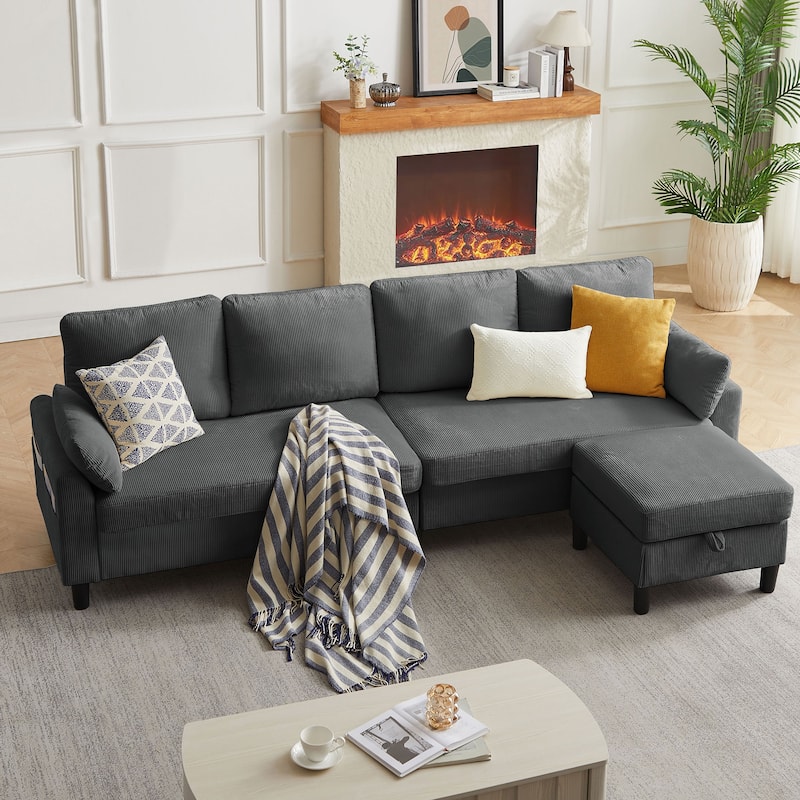 100.79" Corduroy L shaped Pillow Top Arm Sofa With Storage Bag