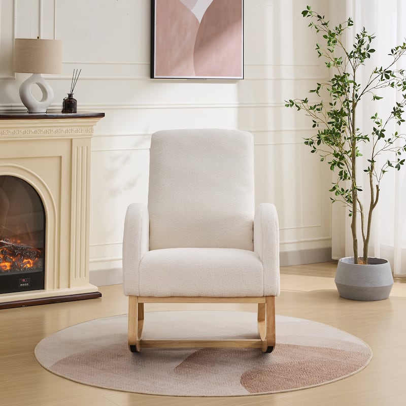 27.2"W Rocking Chair, Sherpa Glider Chair with High Back and Side Pocket, Rocking Accent Armchair with Rubber Wood Legs