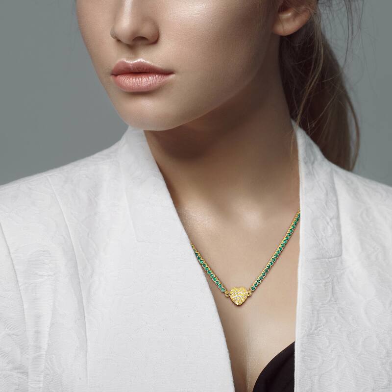 Miadora 12 7/8ct TGW Created Emerald Created White Sapphire Heart Necklace in Yellow Silver-17 in