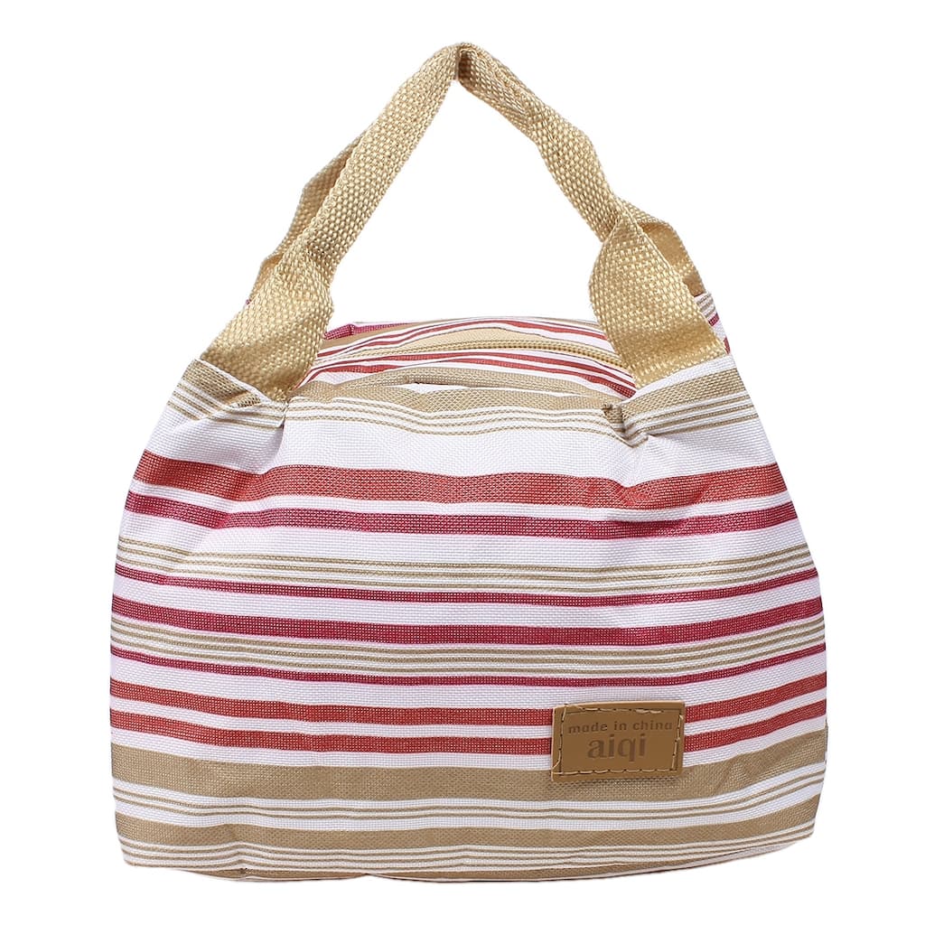Canvas Picnic Lunch Drink Thermal Insulated Cooler Tote Storage Bag Brown Stripe - White,Fuchsia