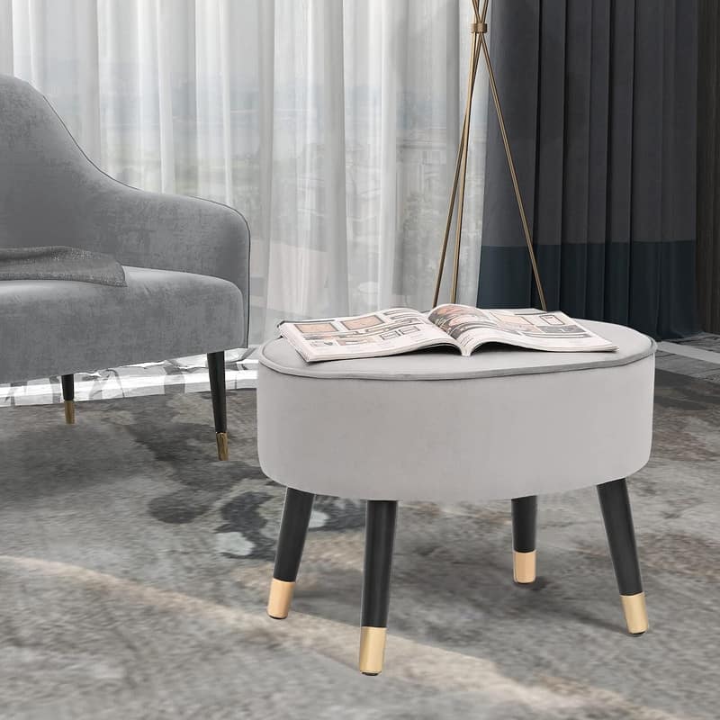 Adeco Ottoman Foot Stool Rest Velvet Oval Vanity Stool Bench Wood Legs