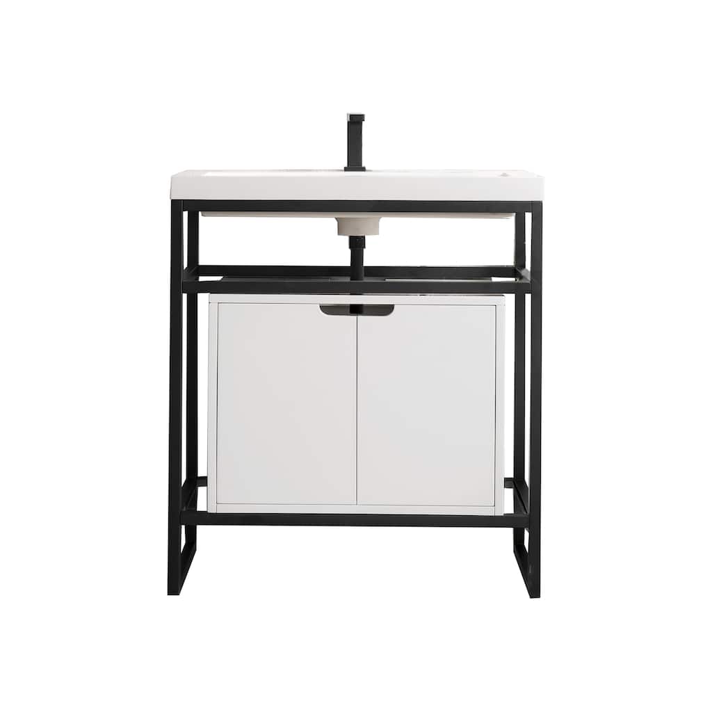 James Martin Vanities Boston 31.5" Stainless Steel Sink Console, Matte Black w/ White Glossy Composite Stone Top