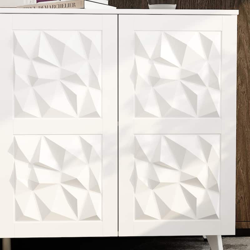 Geometric 4-Door Sideboard Buffet Cabinet with Adjustable Shelves, White Finish
