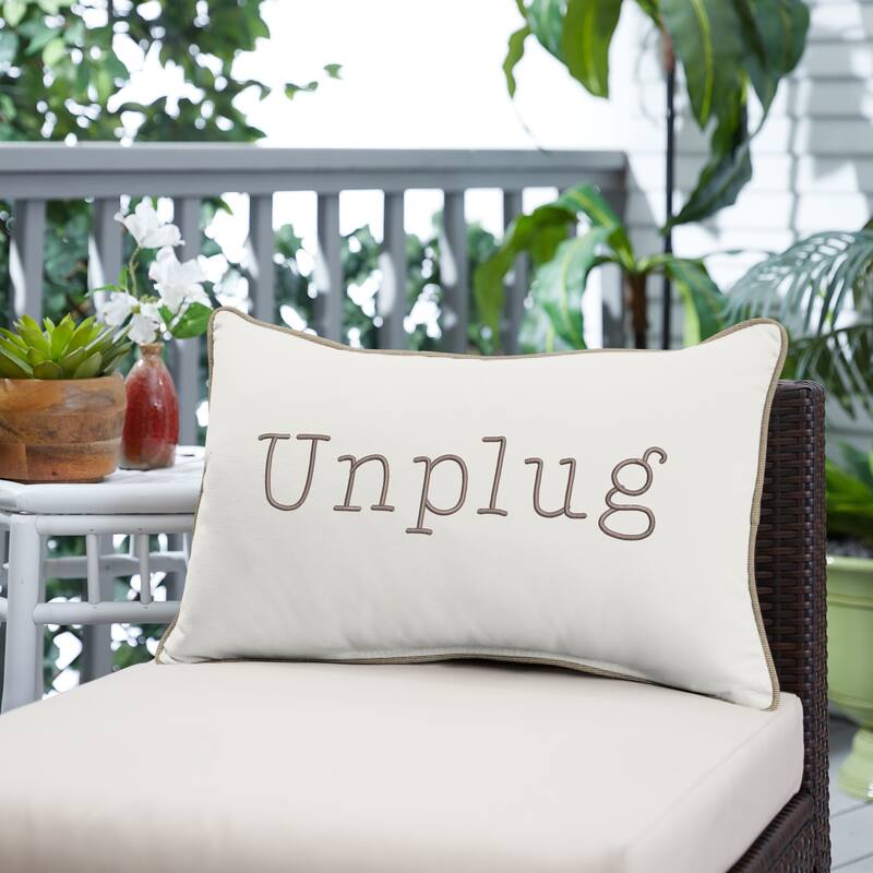 Sorra Home Indoor/Outdoor Sunbrella Lumbar "Unplug" Embroidered Pillow - 20 x 13 x 6 in - Ivory and Taupe