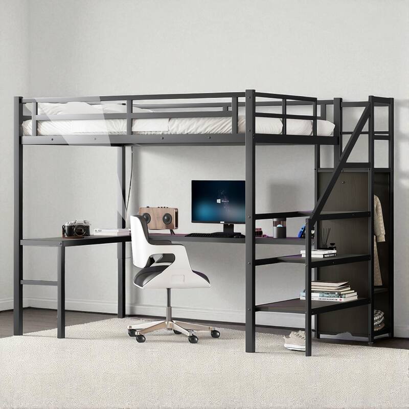 Twin XL/Full XL Metal Loft Bed with L-Shaped Desk, USB, LED Lights, Wardrobe & Storage Stairs for Kids/Teens/Adults