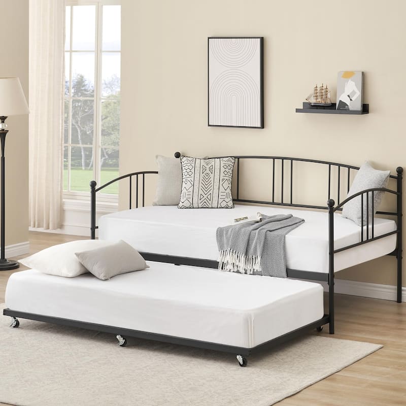 Heavy Duty Metal Daybed With Trundle Platform Sofa Bed for Bedroom - Black - Twin XL
