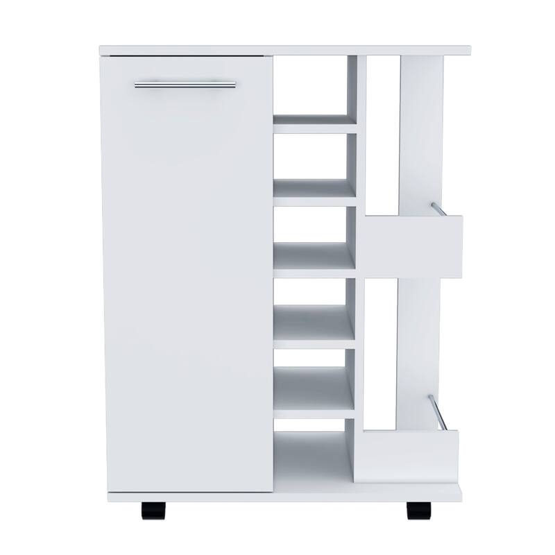 Bar Cart, Four Casters, Six Wine Cubbies, Single Door Cabinet