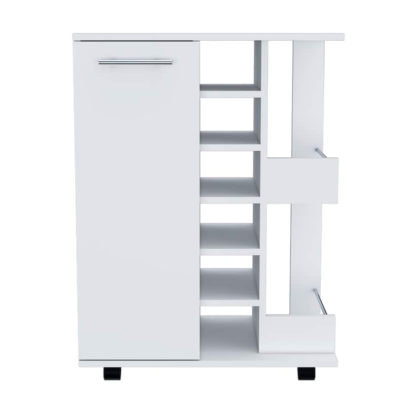 Tennessee Bar Cart, One Cabinet With Division, Six Cubbies For liquor, Two Shelves - White