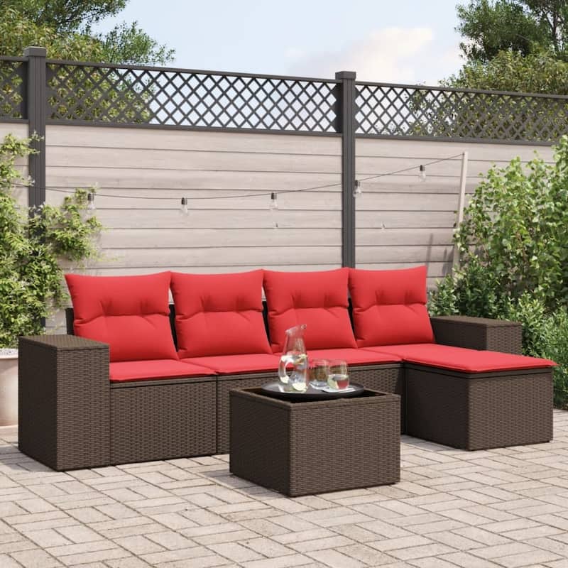 vidaXL 5/6 Piece Patio Sofa Set with Cushions Gray/Brown/Black Poly Rattan - 21.7" x 24.4" x 27.2" - Brown and red With table