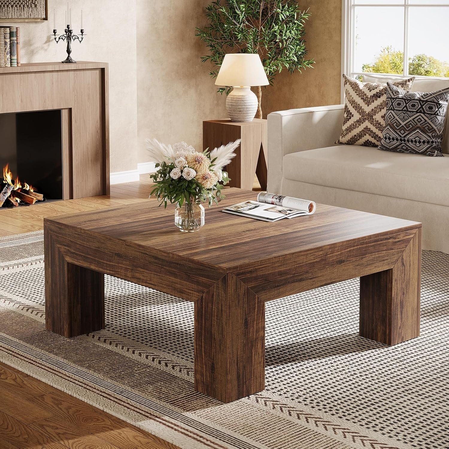39.4 Inches Square Coffee Table, Farmhouse Wood Accent Center Table
