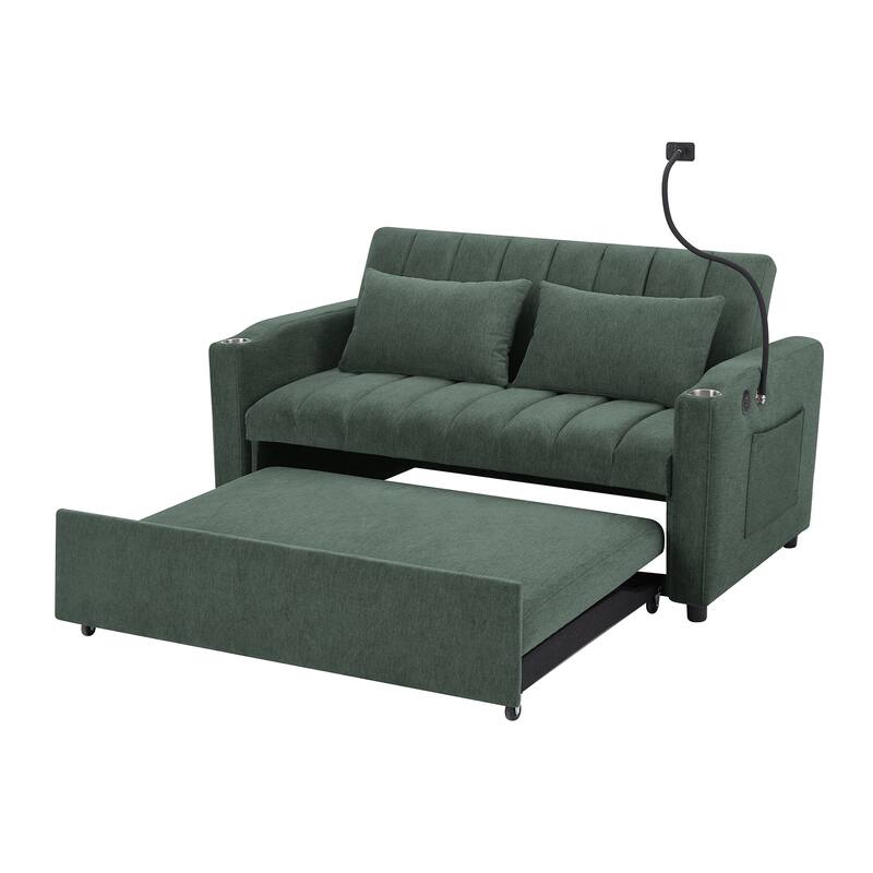 Roomfitters 55 Inch Convertible Sofa Bed Loveseat with 3 USB Ports, 360 Swivel Phone Holder, Green