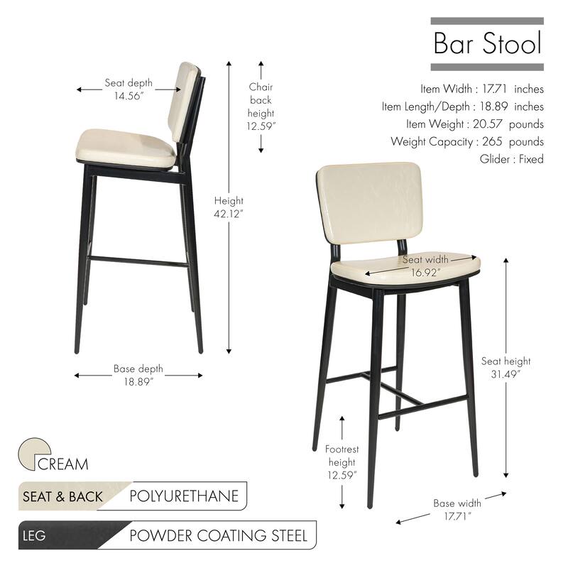 Porthos Home Mori Bar Stools Set of 2, PU Leather, Steel Legs