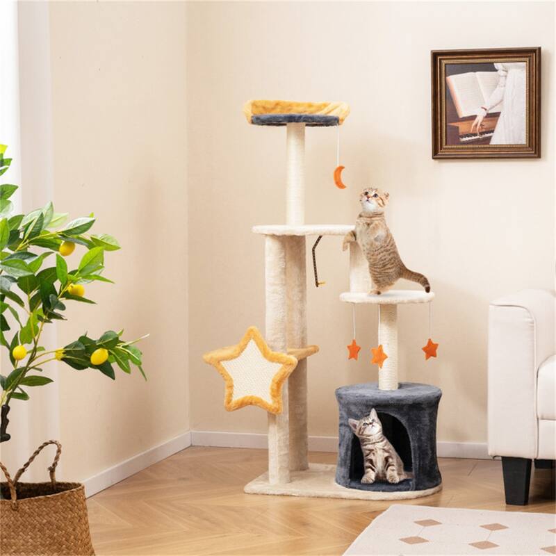 Cat Tree With Sisal Grab Post And Board - 24” x 16” x 50” (L x W x H) - Beige-Dark-Grey-Orange